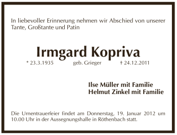 Traueranzeige von Irmgard Kopriva von Pegnitz-Zeitung